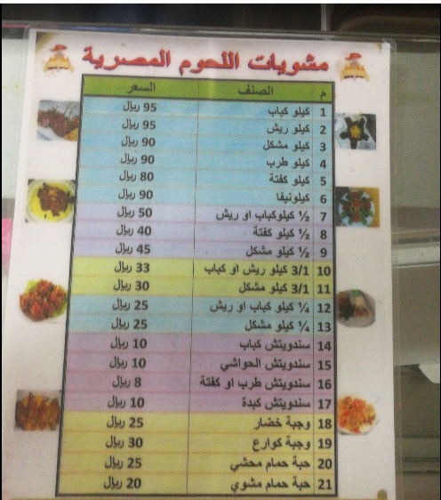 منيو مطعم مشاوي اللحوم المصرية 